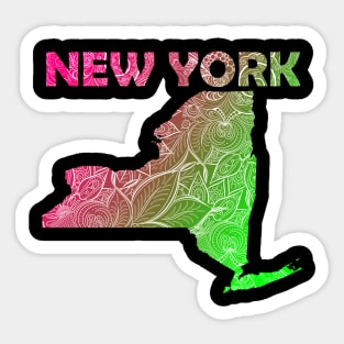 Colorful mandala art map of New York with text in pink and green Sticker